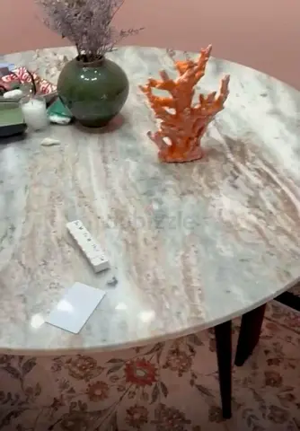 Round Marble Top Dining Table with Wooden Legs - Good Condition