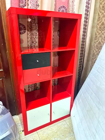 Red 8-Cubby Storage Shelf with Drawers