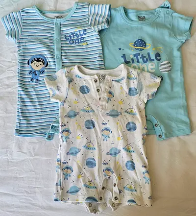 Bundle of 3 Blue Baby Rompers Onesies and 1 long sleeved - Size Newborn/0-3M