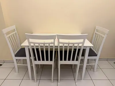 White Wooden Dining Table with 4 Chairs - Compact Set