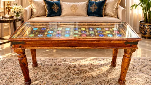 Marina Vintage Handcrafted Wooden Coffee Table with Inlaid Glass Mosaic