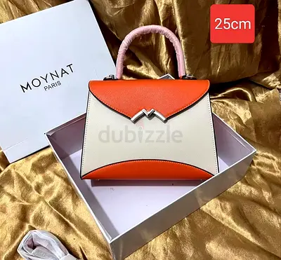 Moynat-style small leather top-handle bag - 25cm, cream & orange
