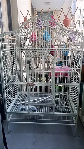 Large metal bird cage with stand and accessories