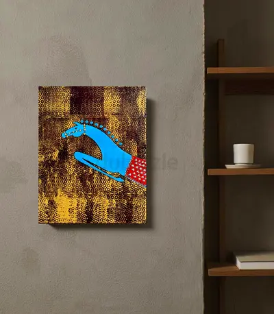 Hand-painted Modern Folk Art Canvas — Blue Horse on Textured Gold Background