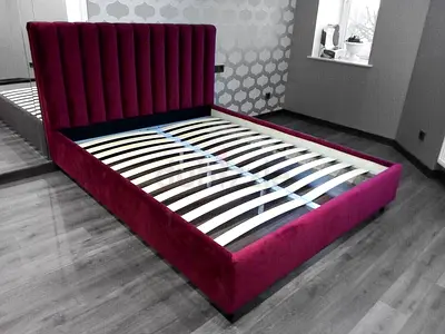 Upholstered Velvet Double Bed Frame with Tall Padded Headboard - Wine Red