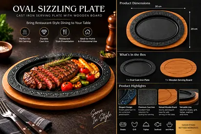 Cast Iron Oval Sizzling Plate with Wooden Serving Board - New
