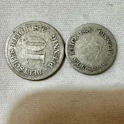 150 Yr Old German 5 and 10 Pfennig 1876 (old antique coins)