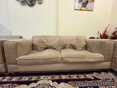 Beige 3-Seater Sofa with Quilted Armrests and Cushions