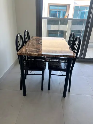 Wood Top Dining Table with 4 Black Metal Chairs - Good Condition