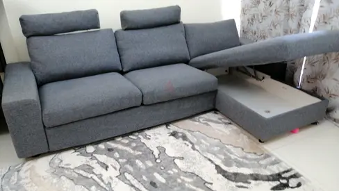 Grey 3-Seater Sofa bed with Storage Chaise — Good Condition