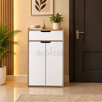 Slim Modern Shoe Cabinet with Drawer - White & Oak