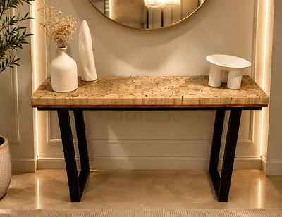 Solid Wood Slice Console Table with Black Metal Legs