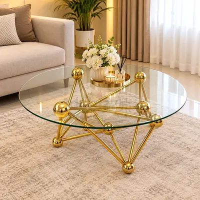 Modern Glass Top Coffee Table with Gold Geometric Base