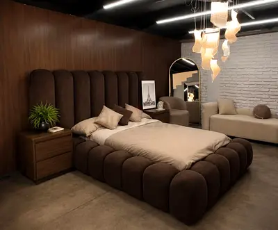 Modern Upholstered Brown Plush Bed with Tall Headboard — King/Queen (see details)