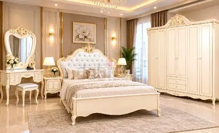Cream vintage-style 6-piece bedroom set with ornate bed, wardrobe and dressing table