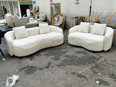 Set of 2 Curved Bouclé Sofas with Cushions — Cream/Off-White