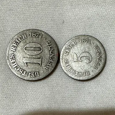 152 Yr Old German 5 and 10 Pfennig 1874 (old antique coins)