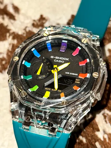 Casio G-Shock Clear Case Rainbow Dial with Teal Strap