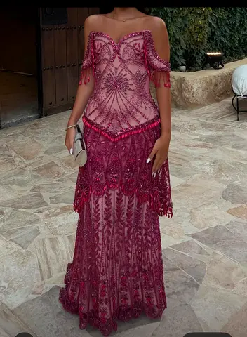 George Hobeika-Inspired Beaded Gown - Maroon Color