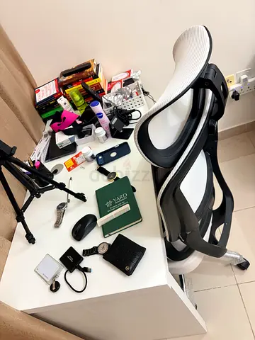 Ergonomic white & black office chair and study desk with accessories