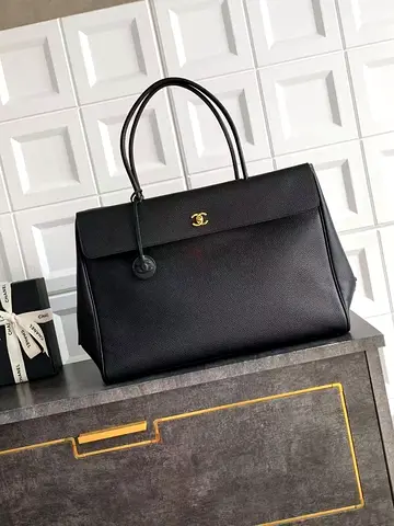 Classic Black Chanel-esque Leather Tote Bag