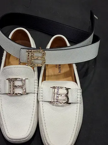 White leather loafers with matching grey leather belt - gently used