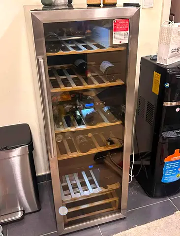 Slim wine cooler/fridge with wooden shelves - stainless steel