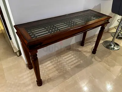 Marina Home - Wooden Console Table with Glass Top and Lattice Detail