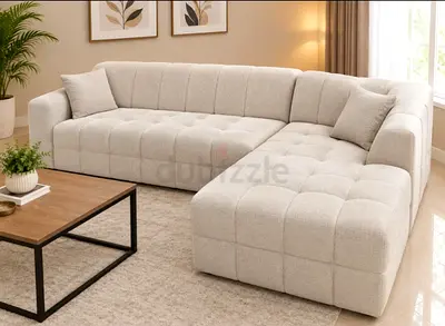 Light Beige L-Shaped Tufted Fabric Corner Sofa - 4-Seater