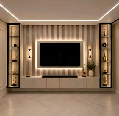 Modern built-in entertainment center with backlit shelving and TV mount