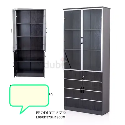 Tall Wooden Storage Cabinet with Glass Doors and Lockable Drawers