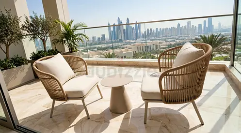 Outdoor rattan-style balcony set — 2 chairs + side table, good condition