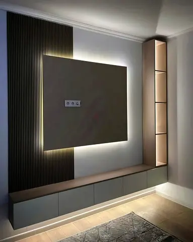 Modern wall-mounted TV unit with LED backlight and storage