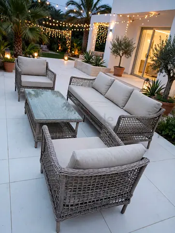 Outdoor rattan garden sofa set - 3-seater with 2 armchairs and glass table