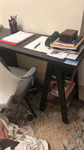 Minimalist Black Writing Desk with Storage Shelf - Good Condition