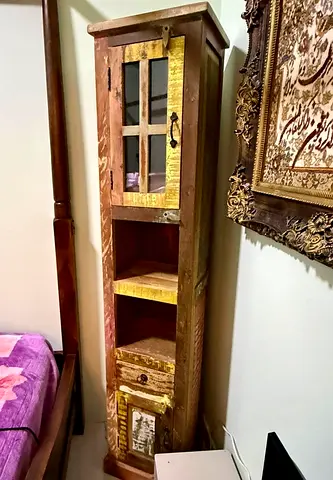 Wooden Narrow Tall Cabinet with Shelves and Drawer - Rustic Finish