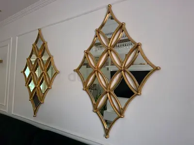 Pair of Gold Decorative Wall Mirrors - Diamond Pattern