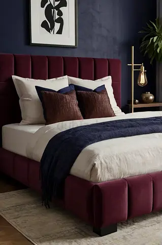 Burgundy Velvet Bed Frame with Fluted Headboard