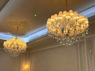 Elegant Crystal Chandeliers (Pair) – Classic Gold Finish, Working Condition 1.2m diameter