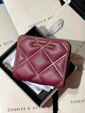 Charles & Keith Quilted Small Zip Wallet - Maroon