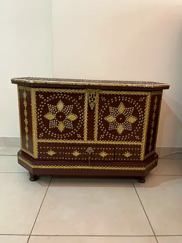 Traditional antique Wooden Chest with Brass Inlay Decor