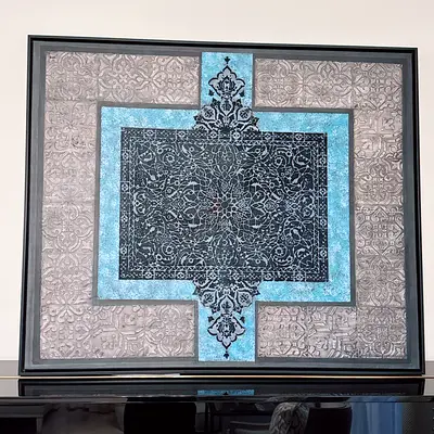 Framed Decorative Wall Art with Middle Eastern Motif - Turquoise & Grey