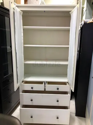 White Tall Cabinet / Wardrobe with Shelves and Drawers