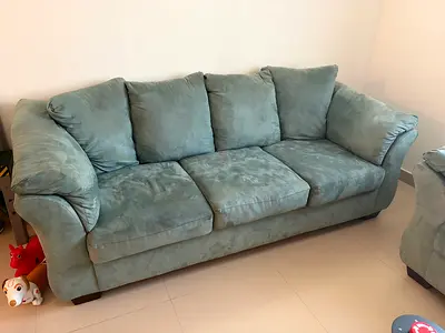 Light teal 3-seater and 2 seater fabric sofas in v good condition