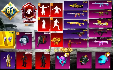 PUBG Mobile account with multiple rare skins, emotes and outfits