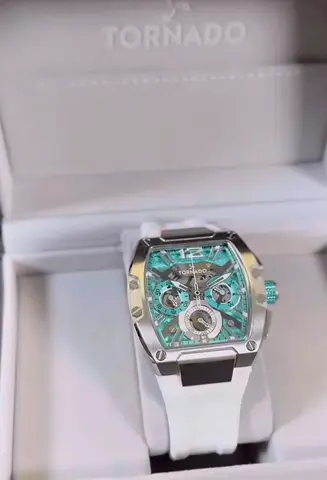 Tornado men's watch with turquoise skeleton dial, white strap