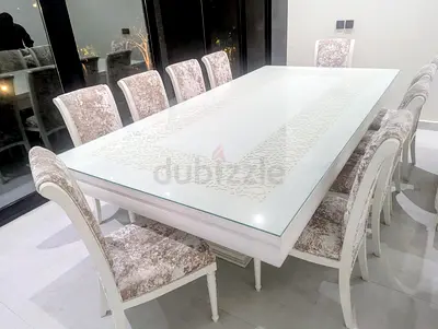 White Glass Top Dining Table with 8 Upholstered Chairs - Excellent Condition