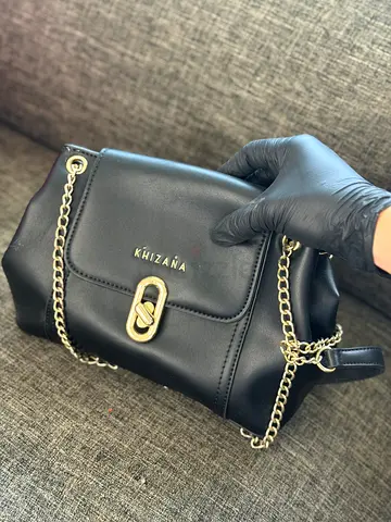 Black Khizana Leather Shoulder Bag with Gold Chain Strap