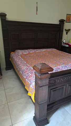Solid Pure Wood King Size Bed with Carved Headboard and 2 wooden shelves