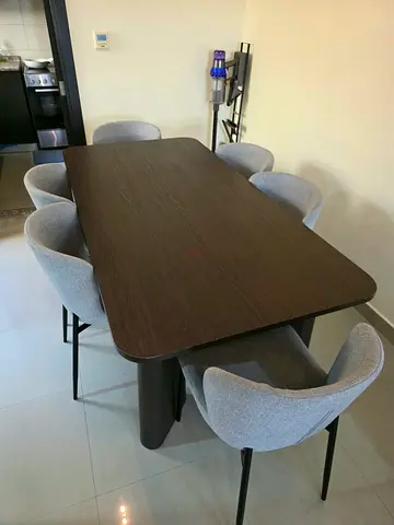 Maison 6-Seater Dining Table Set - Dark Wood Table with Grey Upholstered Chairs